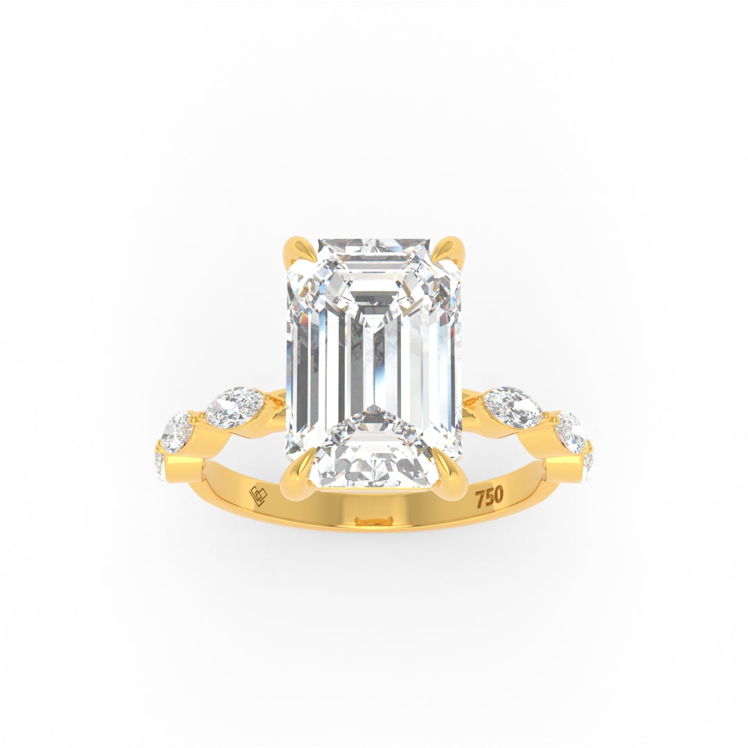 Kasandra Emerald Cut Diamond Engagement RIng With A Marquise Cut Diamonds Band