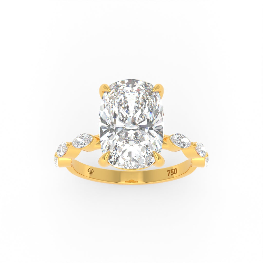 Kasandra Cushion Cut Diamond Engagement Ring With A Marquise Cut Diamond Band