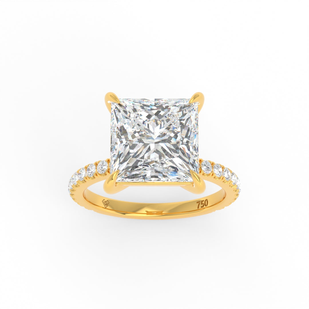 Princess cut lab grown diamond engagement ring with diamond band in gold setting by Love Grown Diamonds
