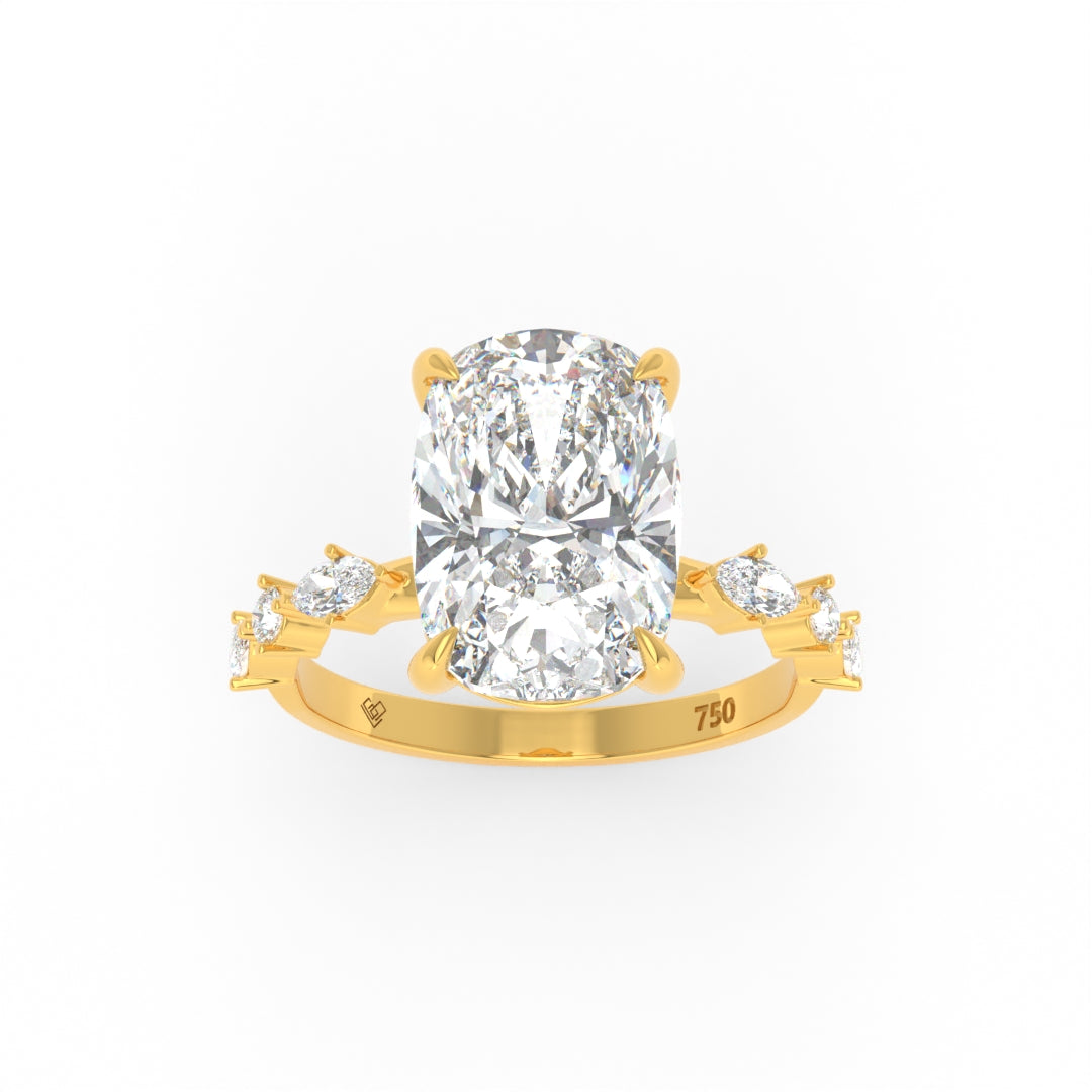 Elizabeth Cushion Diamond Engagement Ring With A Marquise and Round Cut Diamond Band