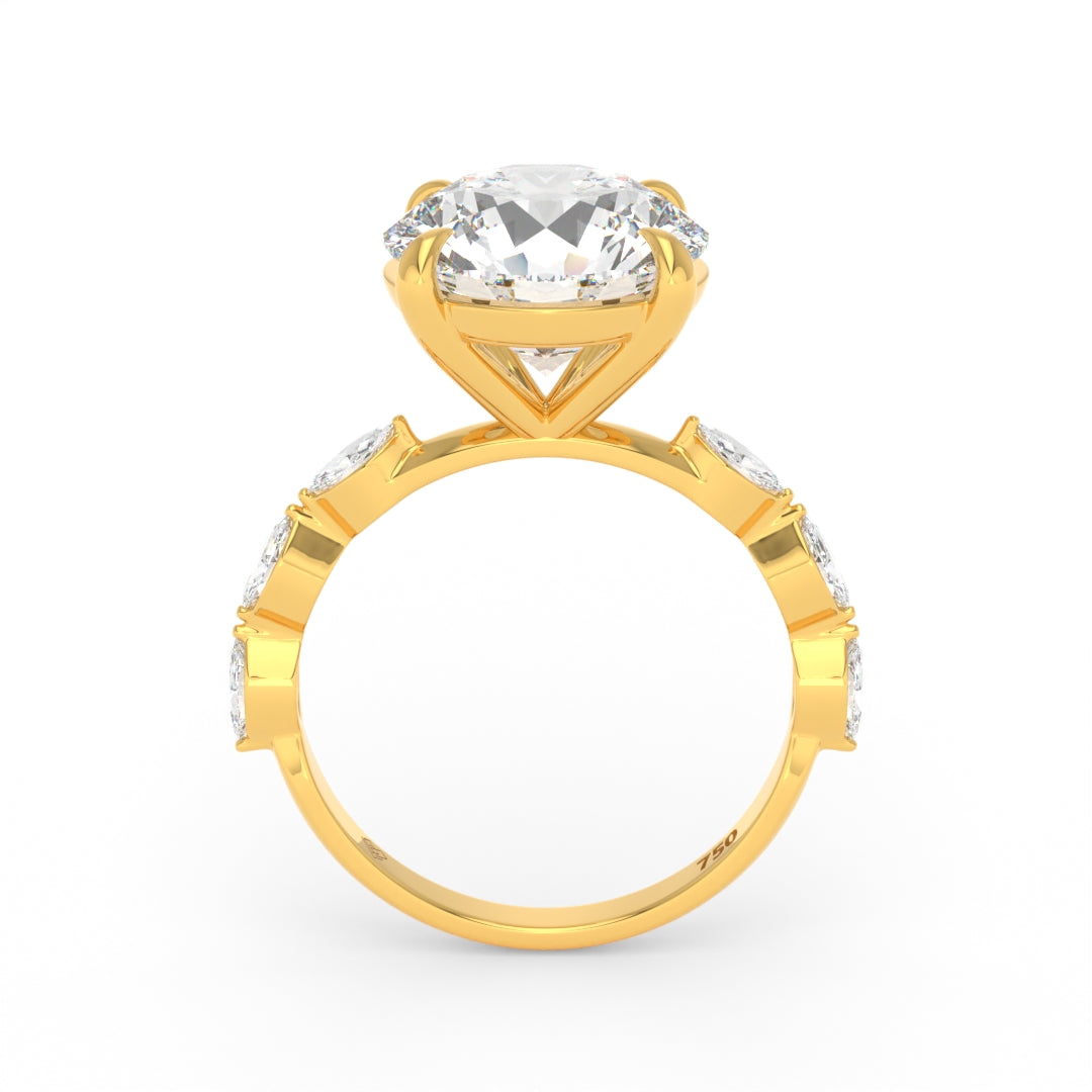 Kasandra Round Brilliant Cut Diamond Engagement Ring With A Marquise Cut Diamond Band