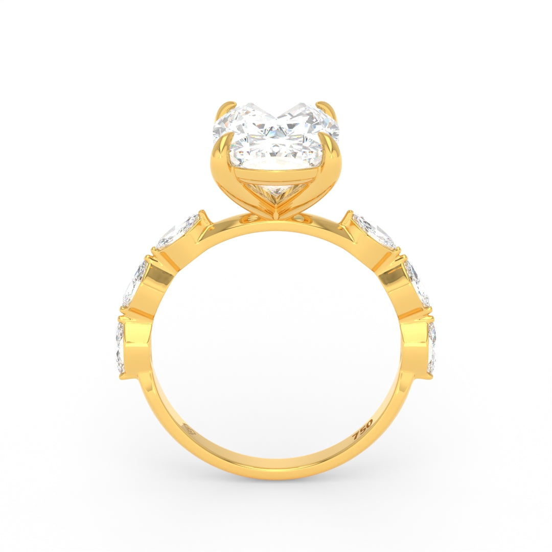Kasandra Cushion Cut Diamond Engagement Ring With A Marquise Cut Diamond Band