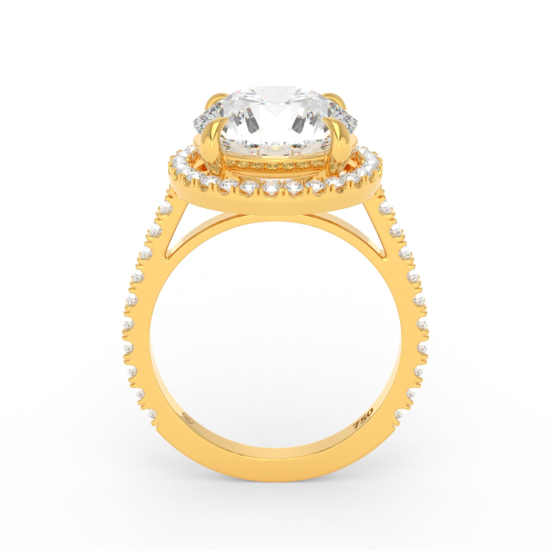 Bague de fiançailles Bella avec diamant taille ronde, halo et anneau sertis de diamants.