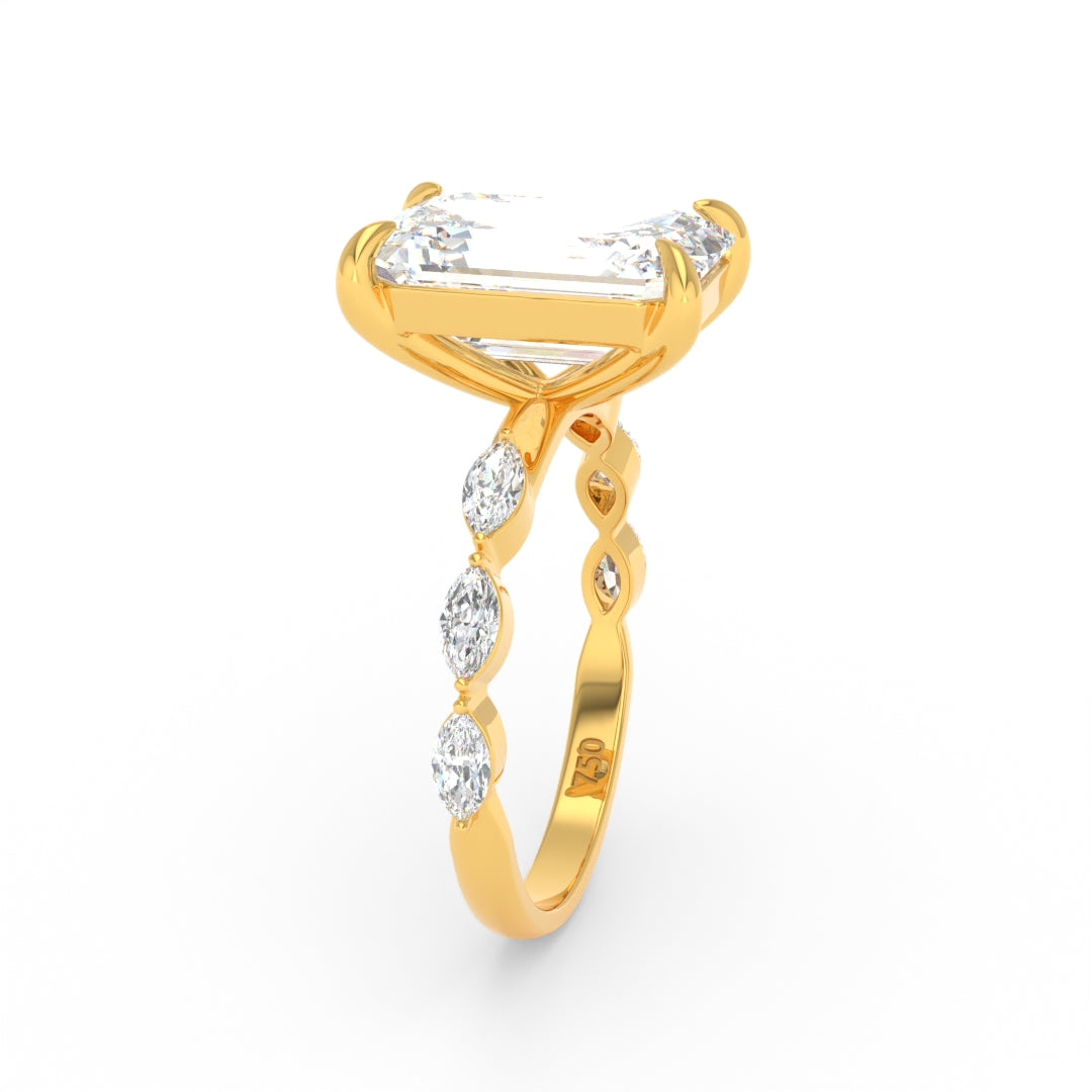 Kasandra Emerald Cut Diamond Engagement RIng With A Marquise Cut Diamonds Band