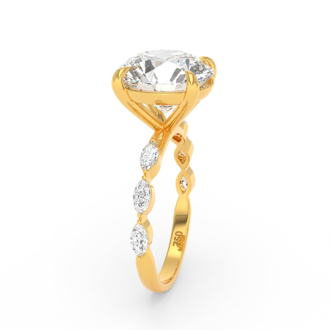 Kasandra Round Brilliant Cut Diamond Engagement Ring With A Marquise Cut Diamond Band