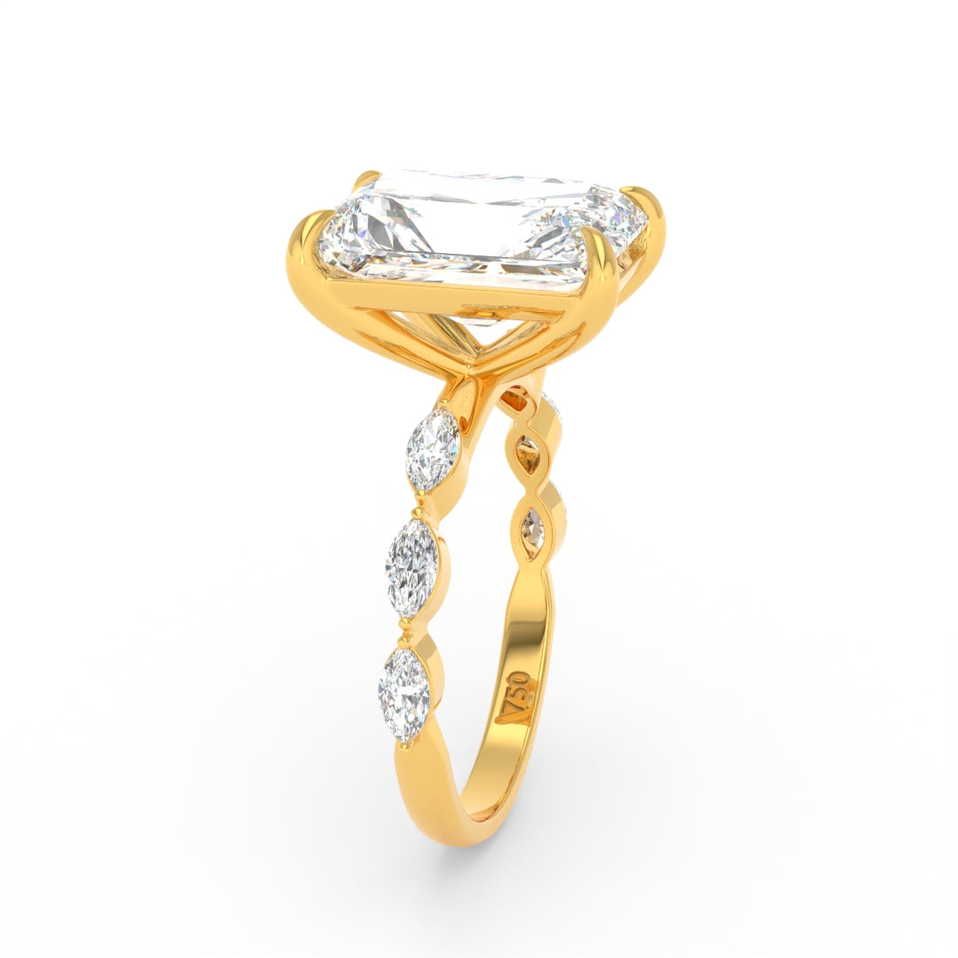 Kasandra Radiant Cut Diamond Engagement Ring With A Marquise Cut Diamond Band