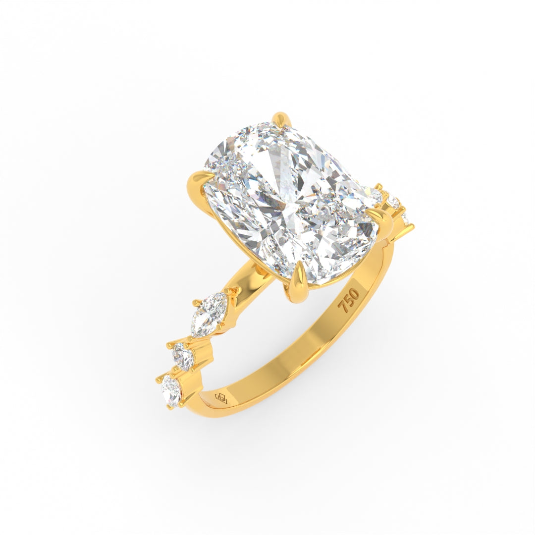 Elizabeth Cushion Diamond Engagement Ring With A Marquise and Round Cut Diamond Band