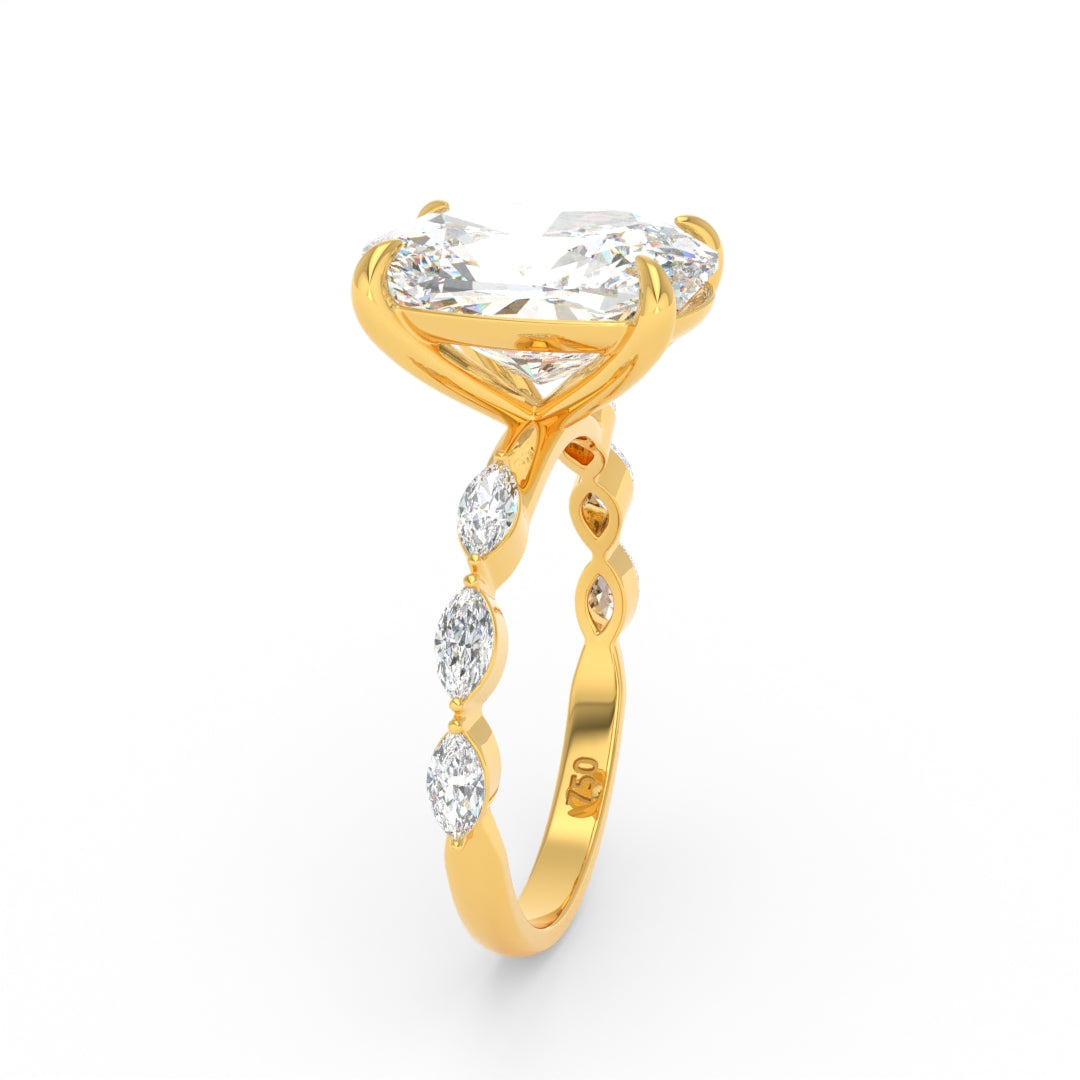 Kasandra Cushion Cut Diamond Engagement Ring With A Marquise Cut Diamond Band