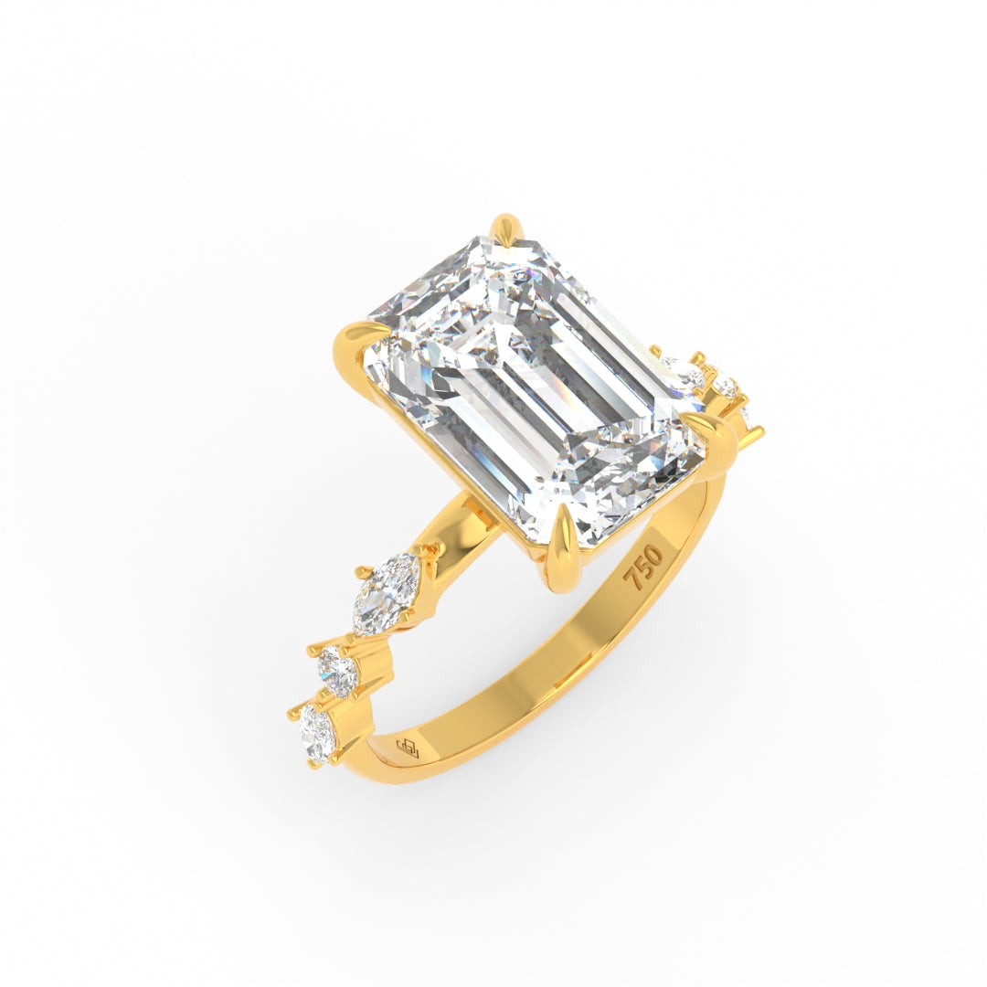Elizabeth Emerald Cut Diamond Engagement Ring With A Marquise and Round Cut Diamond Band