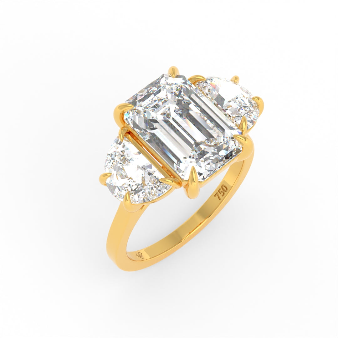 Kamala Emerald Cut Diamond Engagement Ring with Half Moon Cut Sides Diamonds