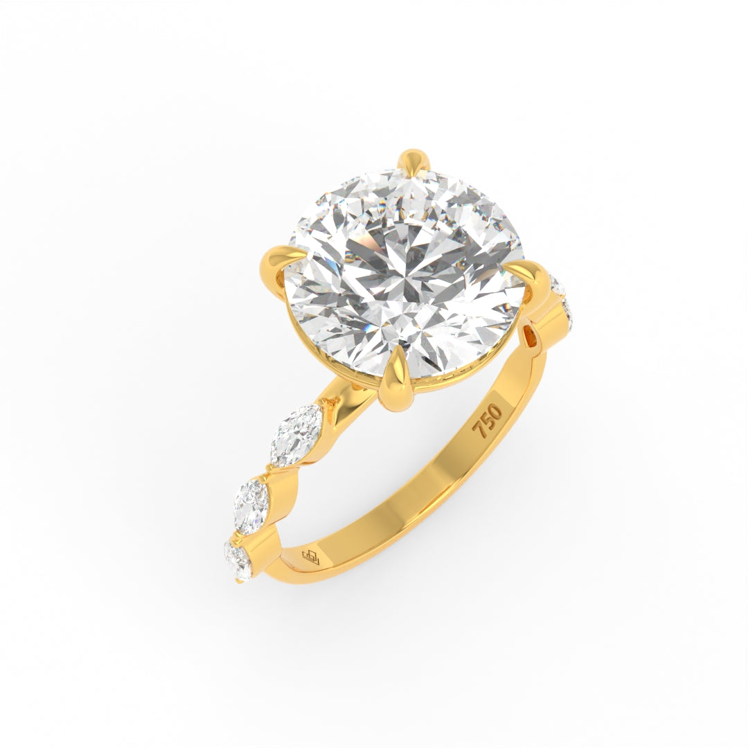 Kasandra Round Brilliant Cut Diamond Engagement Ring With A Marquise Cut Diamond Band