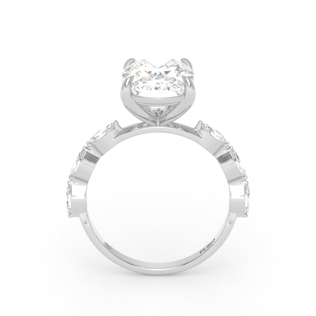 Kasandra Cushion Cut Diamond Engagement Ring With A Marquise Cut Diamond Band
