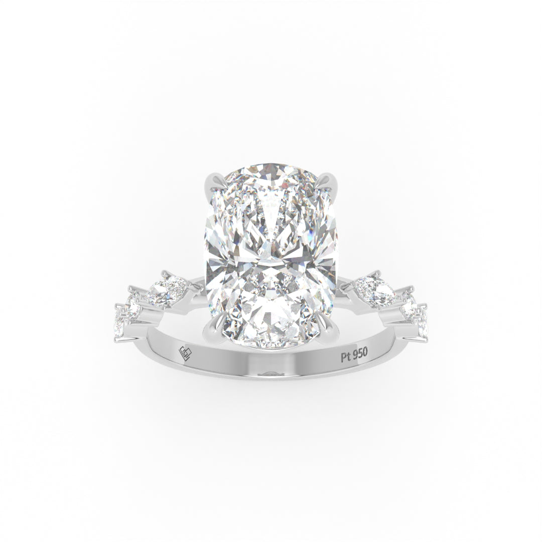Elizabeth Cushion Diamond Engagement Ring With A Marquise and Round Cut Diamond Band