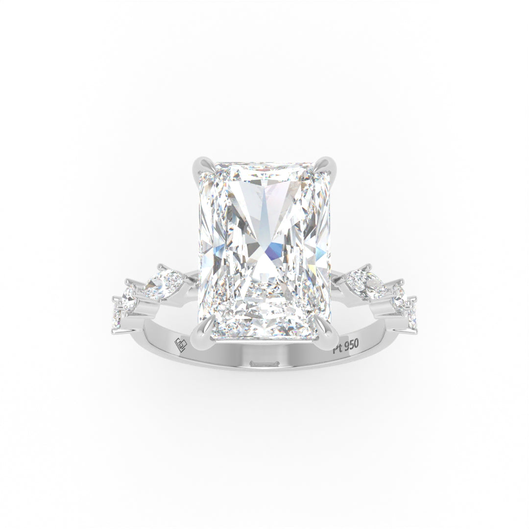 Elizabeth Radiant Cut Diamond Engagement Ring With A Marquise And Round Cut Diamond Band