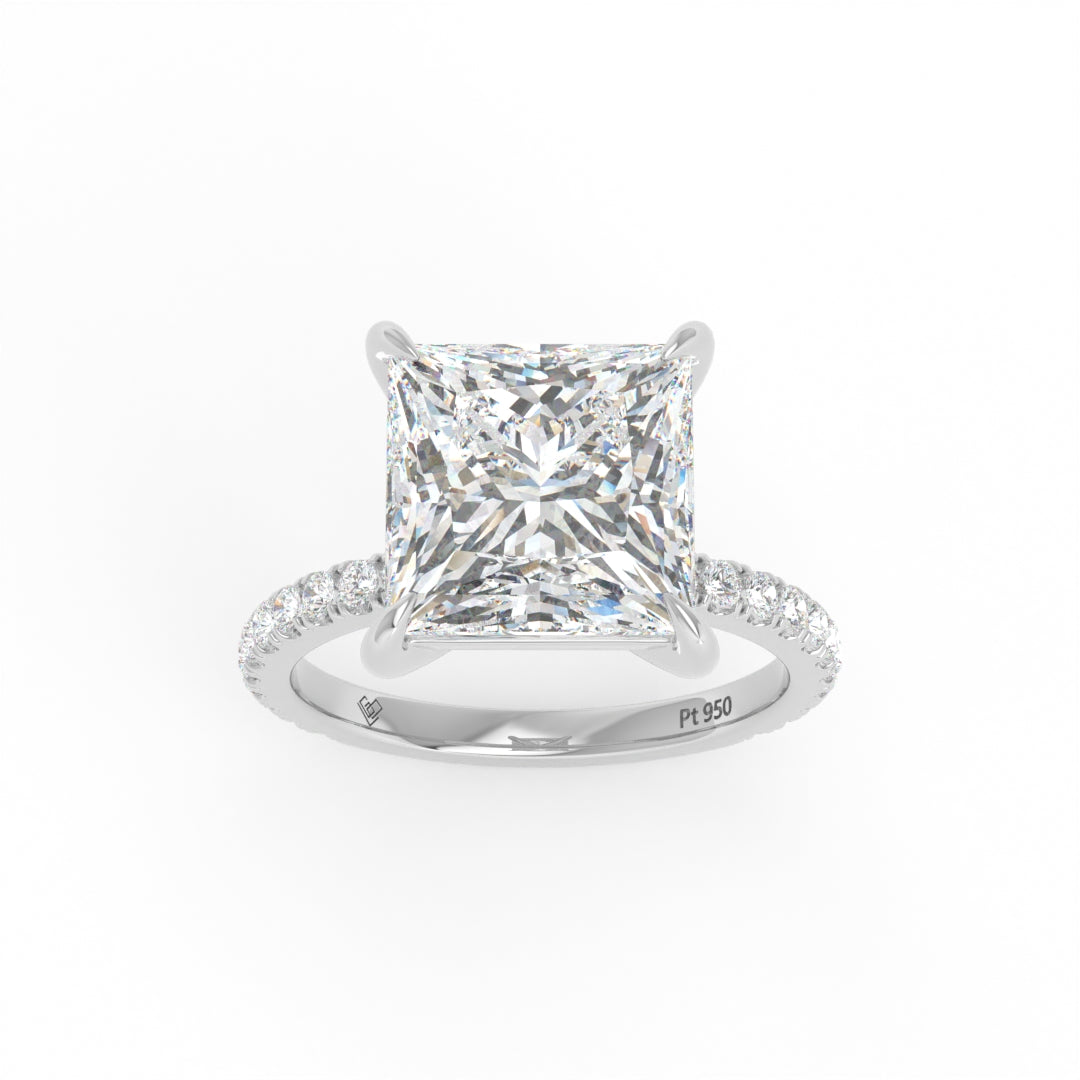 Princess cut lab grown diamond engagement ring with platinum band and additional diamonds, Love Grown Diamonds