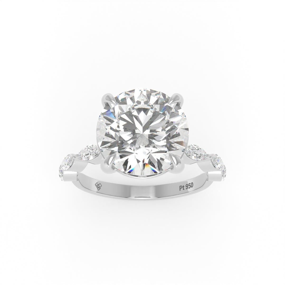 Kasandra Round Brilliant Cut Diamond Engagement Ring With A Marquise Cut Diamond Band