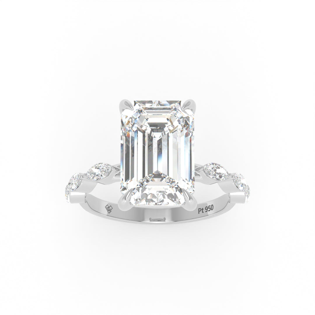 Kasandra Emerald Cut Diamond Engagement RIng With A Marquise Cut Diamonds Band
