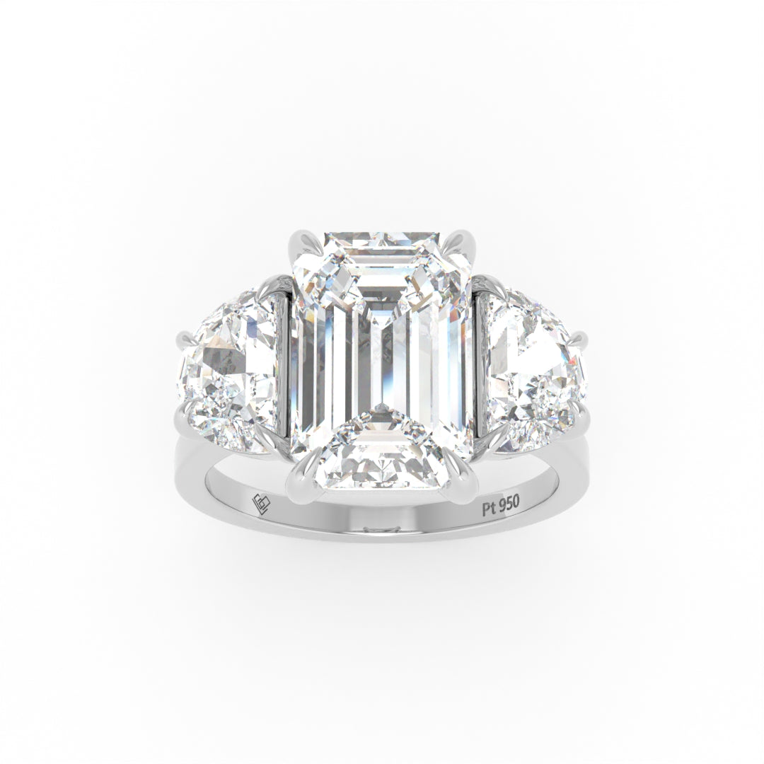 Kamala Emerald Cut Diamond Engagement Ring with Half Moon Cut Sides Diamonds