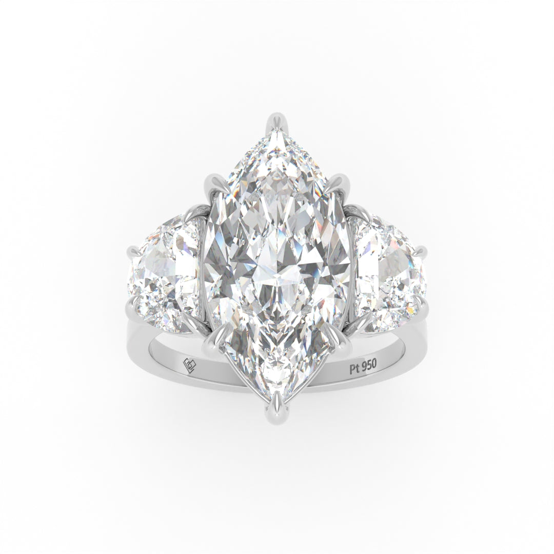 Kamala Marquise Cut Diamond Enagement Ring with Half Moon Cut Side Diamonds
