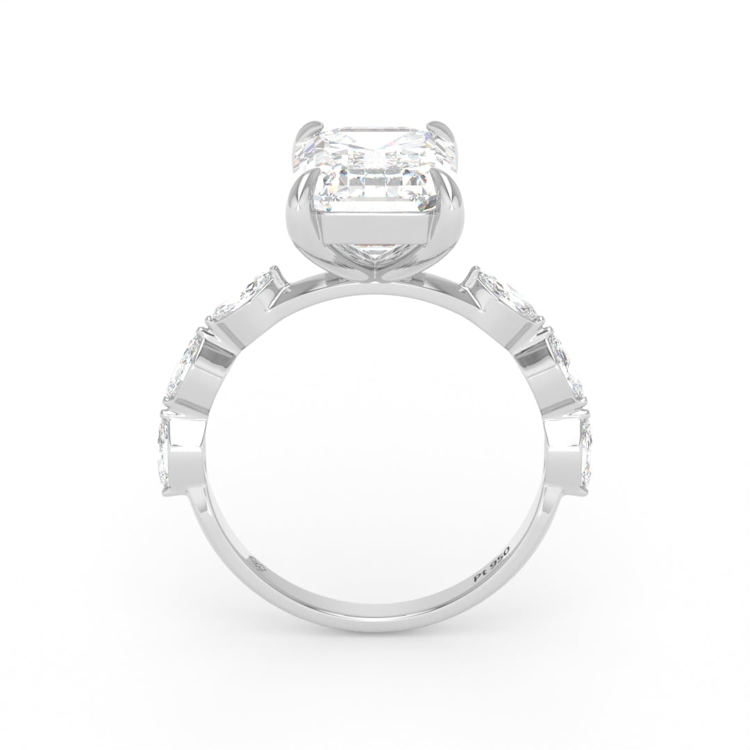 Kasandra Emerald Cut Diamond Engagement RIng With A Marquise Cut Diamonds Band