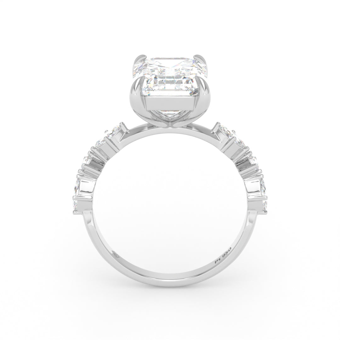 Elizabeth Emerald Cut Diamond Engagement Ring With A Marquise and Round Cut Diamond Band