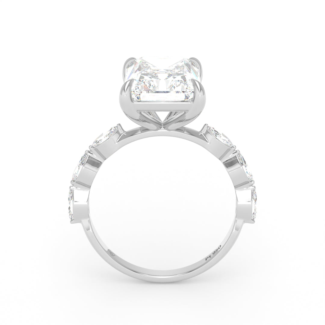 Kasandra Radiant Cut Diamond Engagement Ring With A Marquise Cut Diamond Band