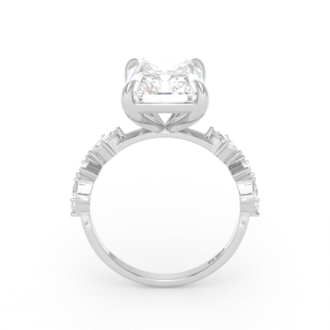 Elizabeth Radiant Cut Diamond Engagement Ring With A Marquise And Round Cut Diamond Band