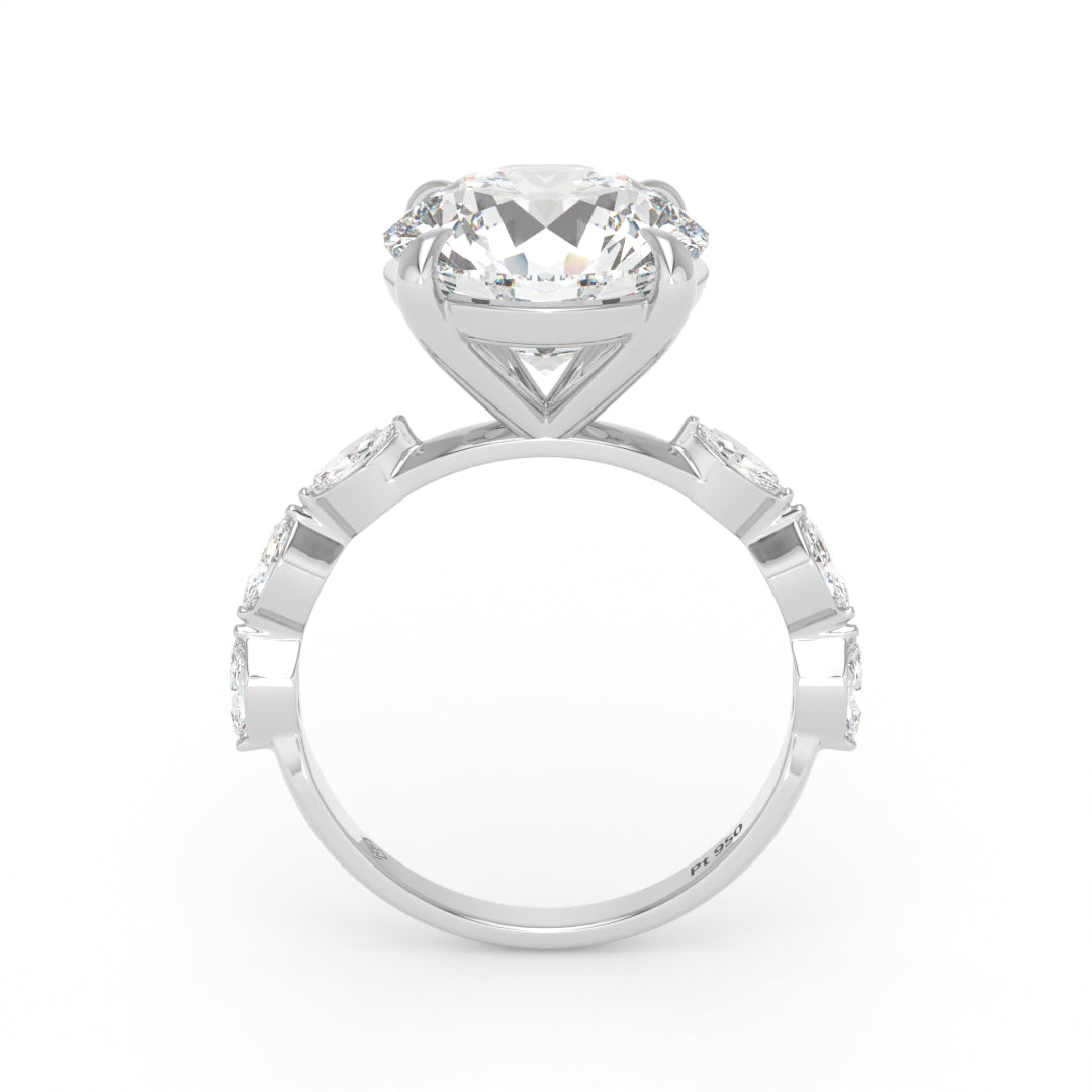 Kasandra Round Brilliant Cut Diamond Engagement Ring With A Marquise Cut Diamond Band