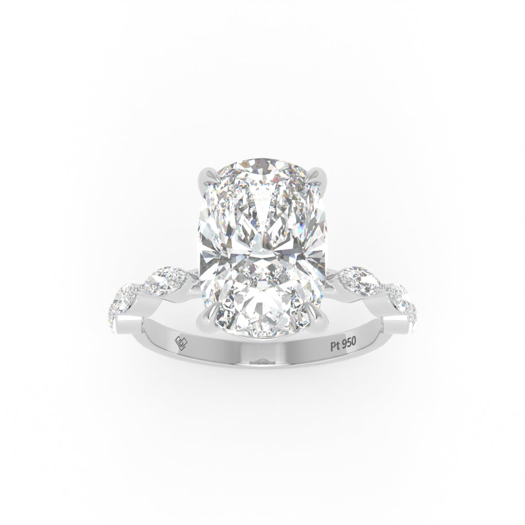 Kasandra Cushion Cut Diamond Engagement Ring With A Marquise Cut Diamond Band