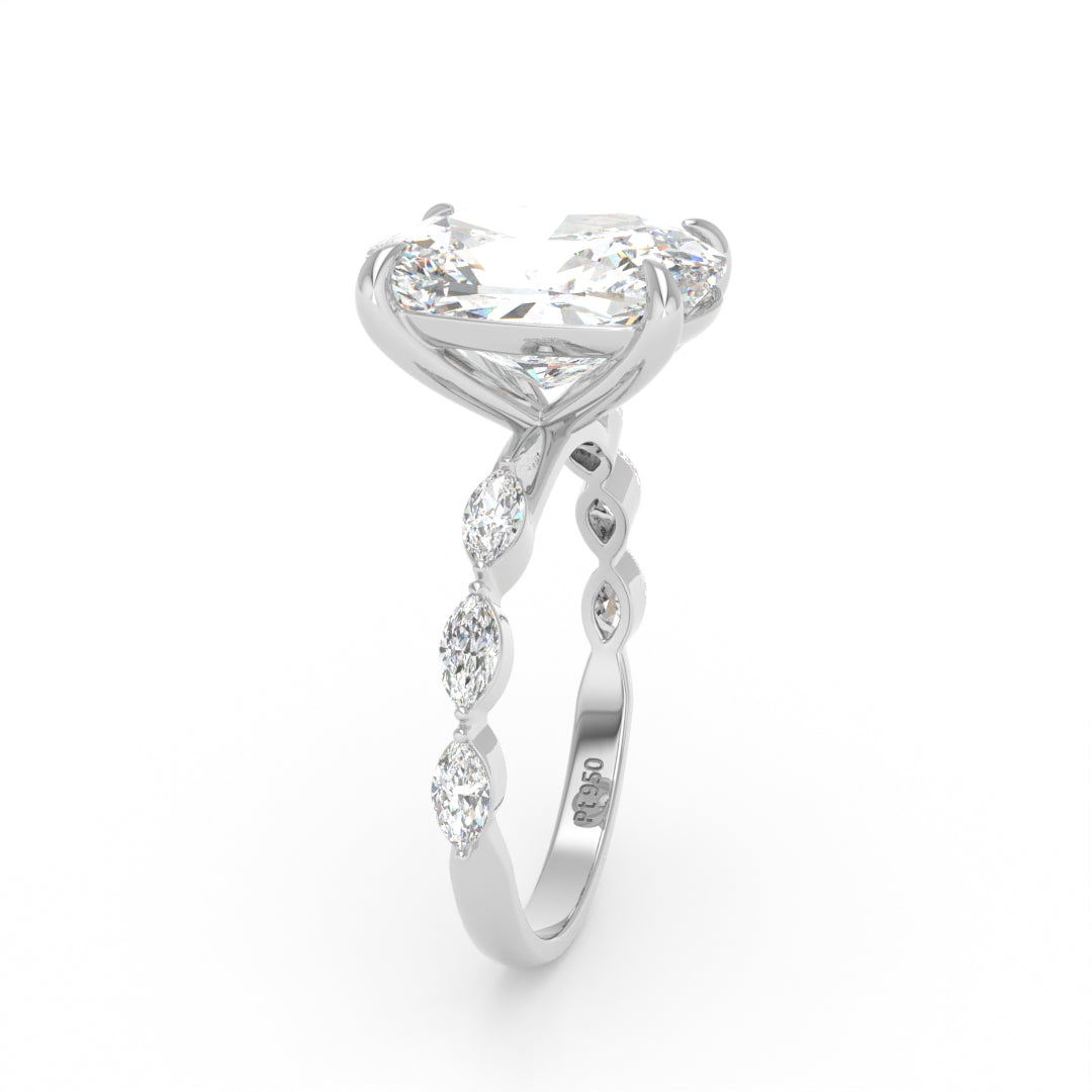 Kasandra Cushion Cut Diamond Engagement Ring With A Marquise Cut Diamond Band