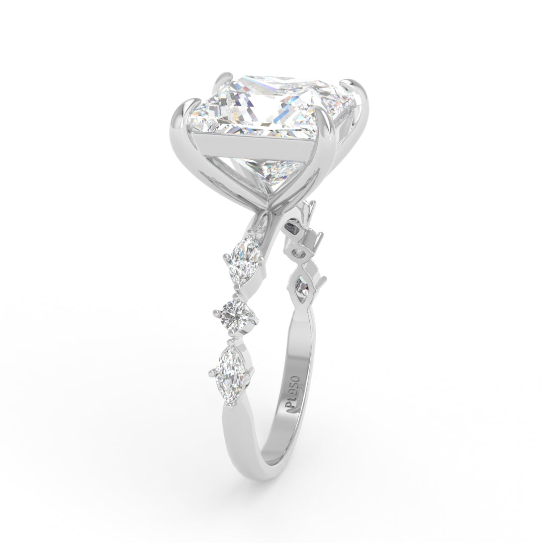 Elizabeth Princess Cut Diamond Engagement Ring With A Marquise and Round Cut Diamond Band