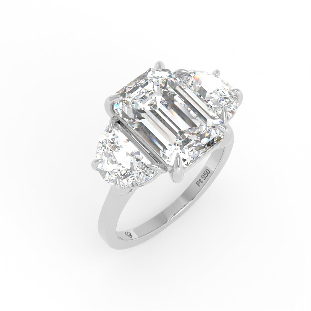 Kamala Emerald Cut Diamond Engagement Ring with Half Moon Cut Sides Diamonds