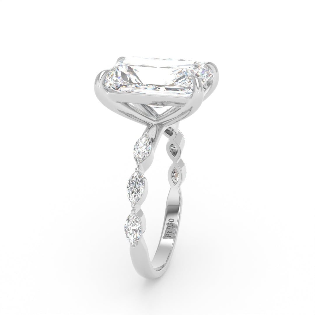 Kasandra Radiant Cut Diamond Engagement Ring With A Marquise Cut Diamond Band