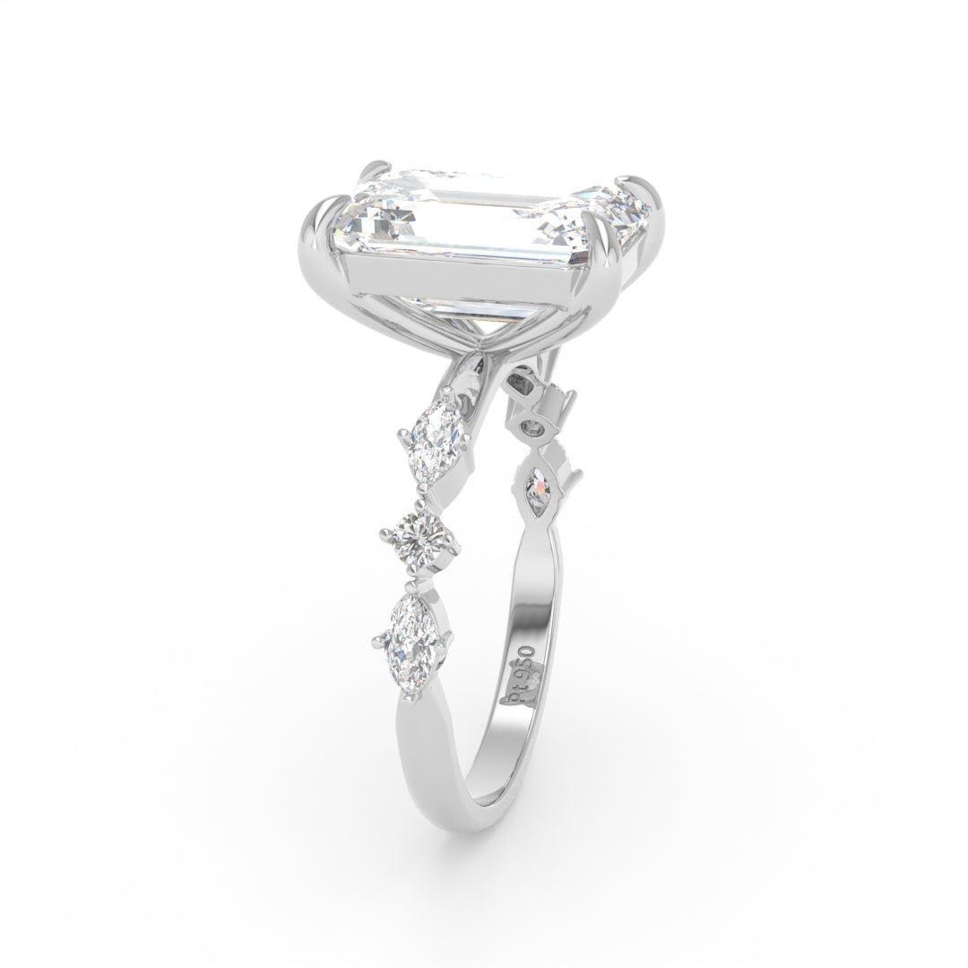 Elizabeth Emerald Cut Diamond Engagement Ring With A Marquise and Round Cut Diamond Band
