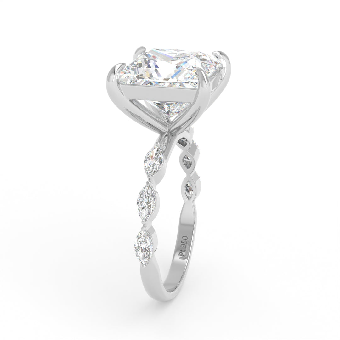 Kasandra Princess Cut Diamond Engagement Ring With A Marquise Cut and Diamond Band