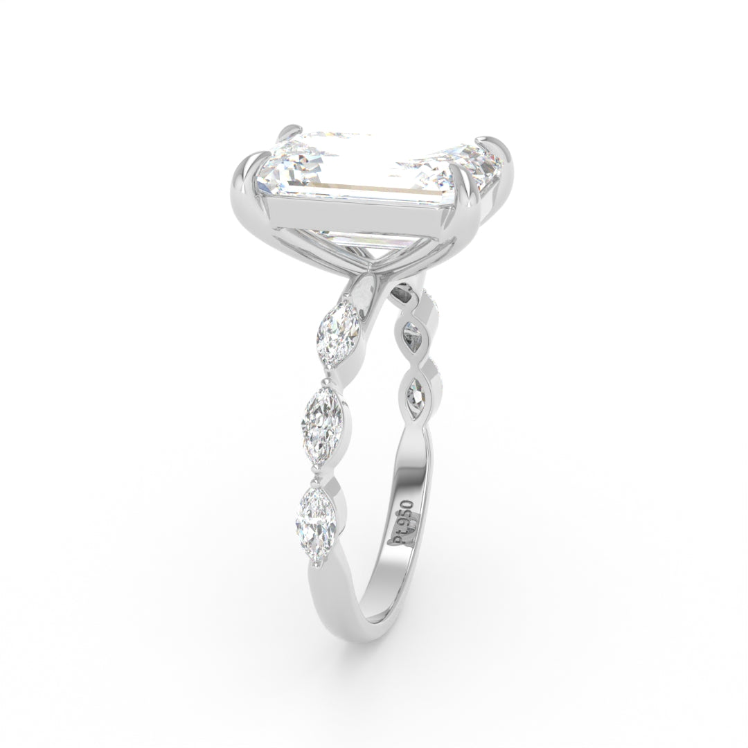 Kasandra Emerald Cut Diamond Engagement RIng With A Marquise Cut Diamonds Band
