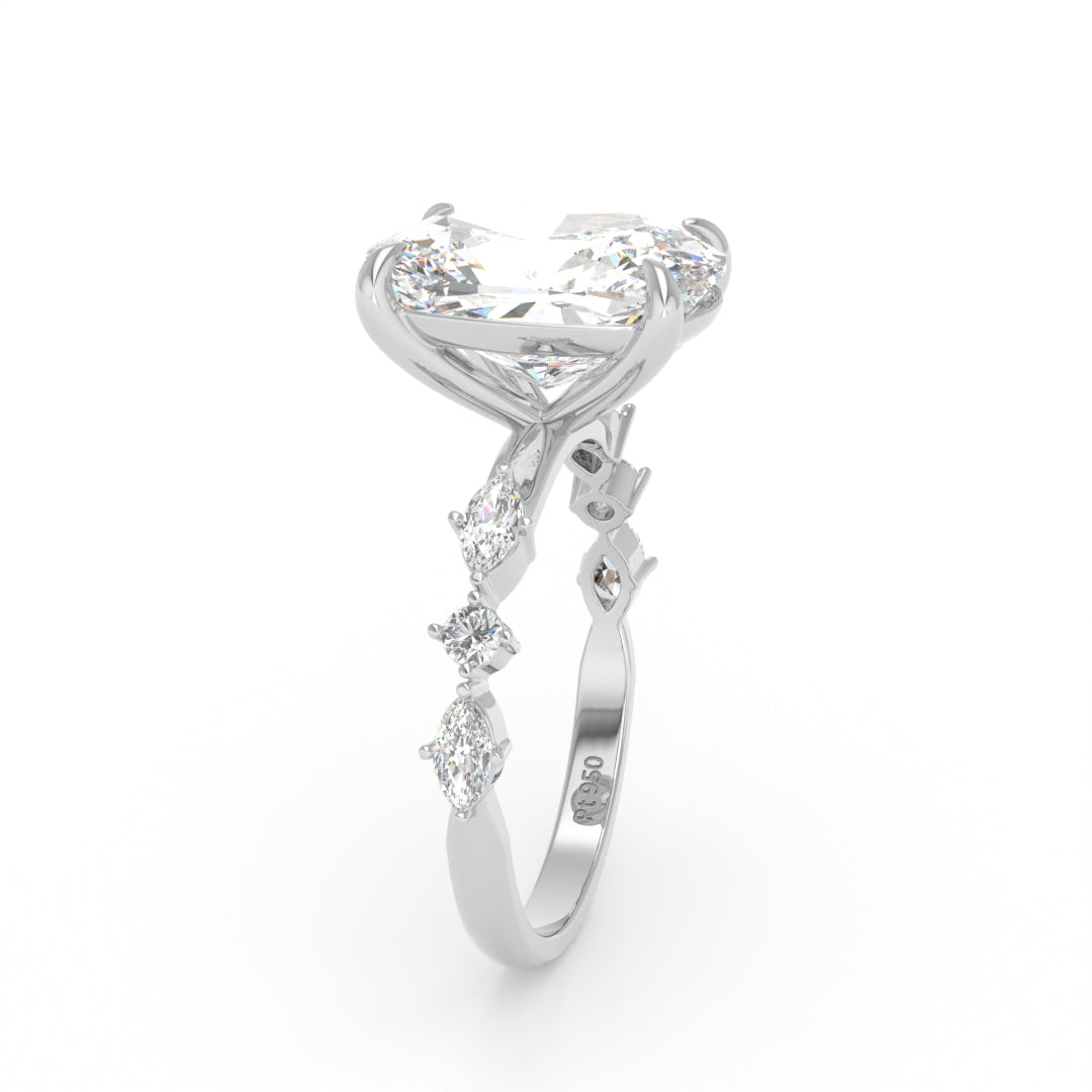 Elizabeth Cushion Diamond Engagement Ring With A Marquise and Round Cut Diamond Band