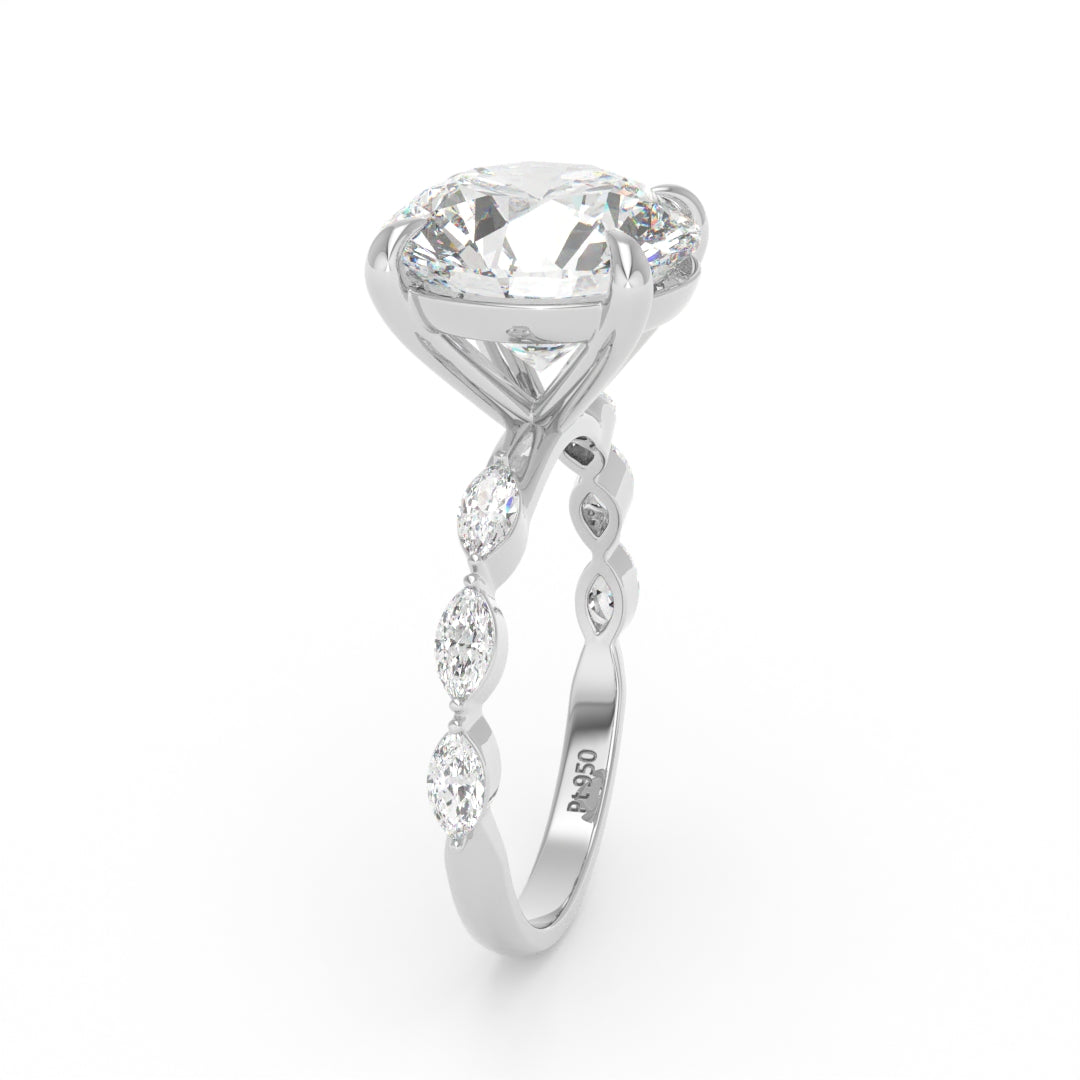 Kasandra Round Brilliant Cut Diamond Engagement Ring With A Marquise Cut Diamond Band