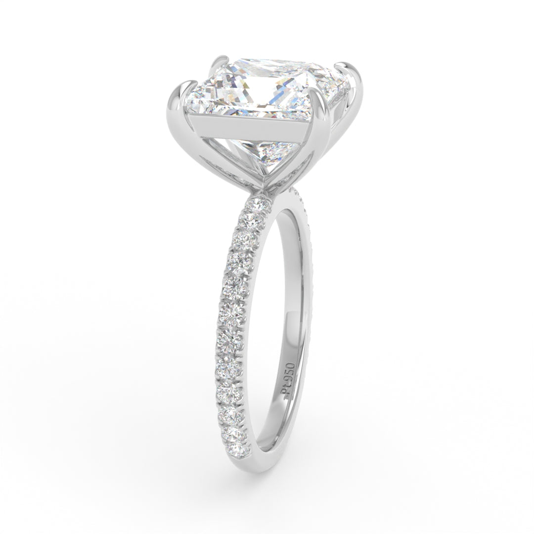 Princess cut lab grown diamond engagement ring with diamond band in platinum Mount