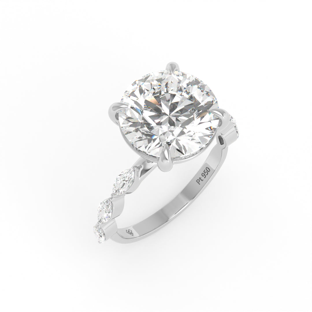 Kasandra Round Brilliant Cut Diamond Engagement Ring With A Marquise Cut Diamond Band