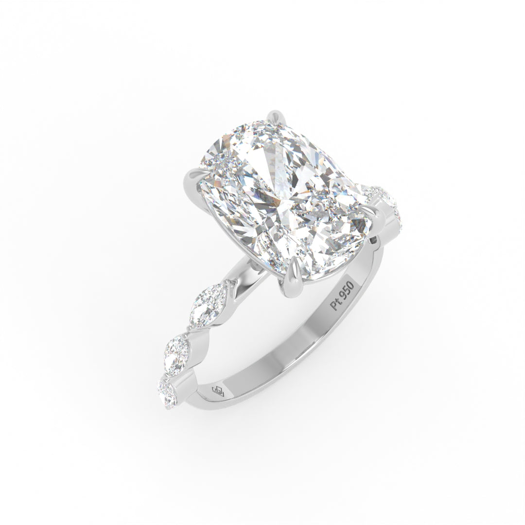 Kasandra Cushion Cut Diamond Engagement Ring With A Marquise Cut Diamond Band