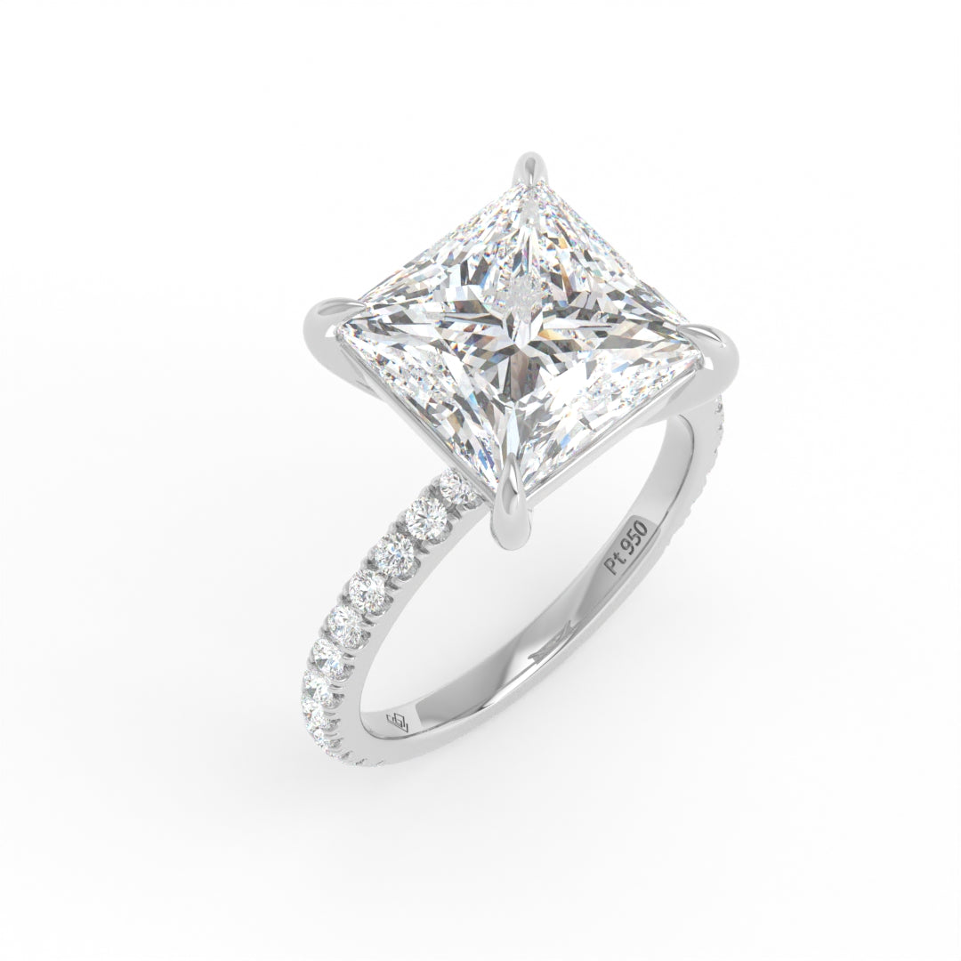 Princess cut lab grown diamond engagement ring with diamond band and platinum 4 claw mount from Love Grown Diamonds