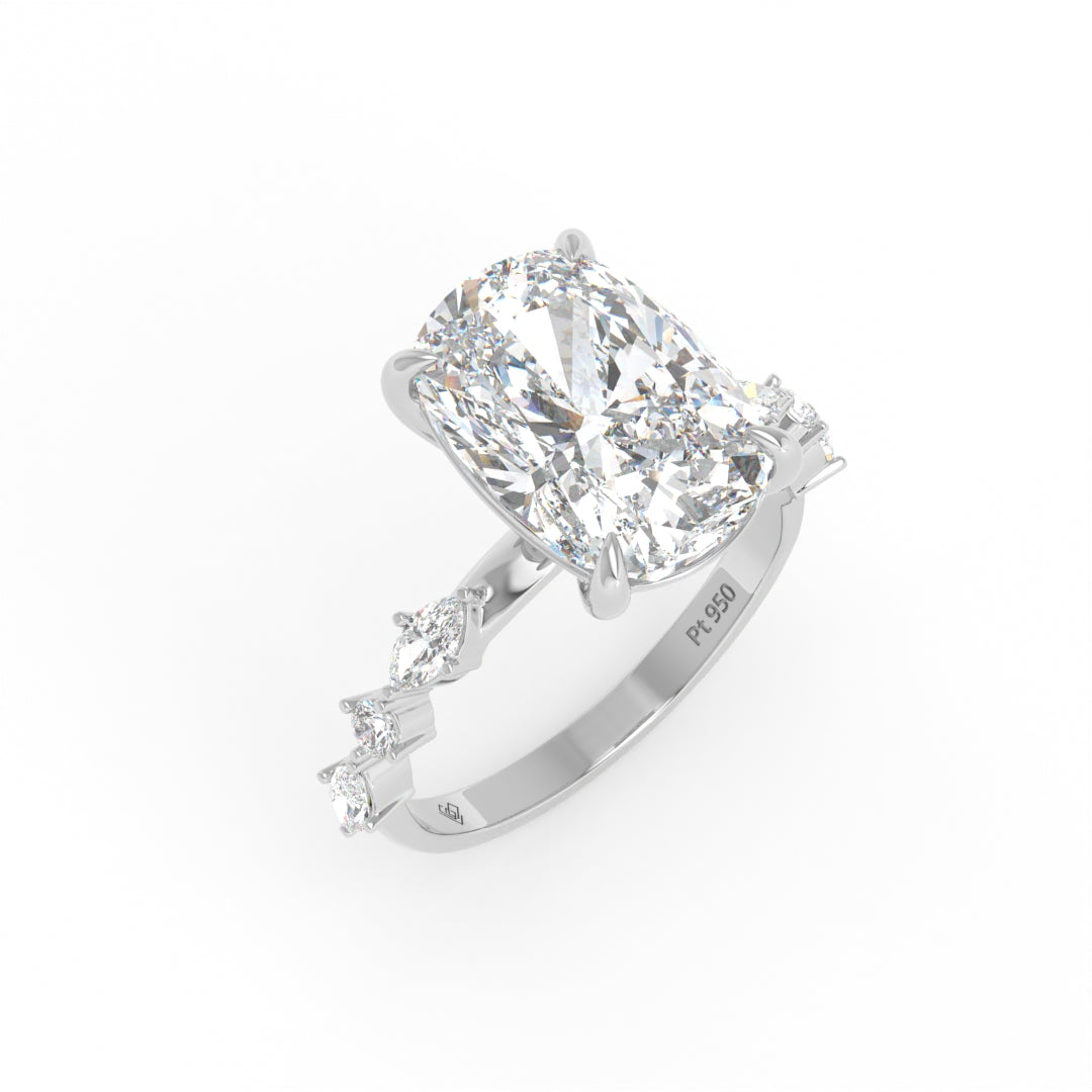Elizabeth Cushion Diamond Engagement Ring With A Marquise and Round Cut Diamond Band