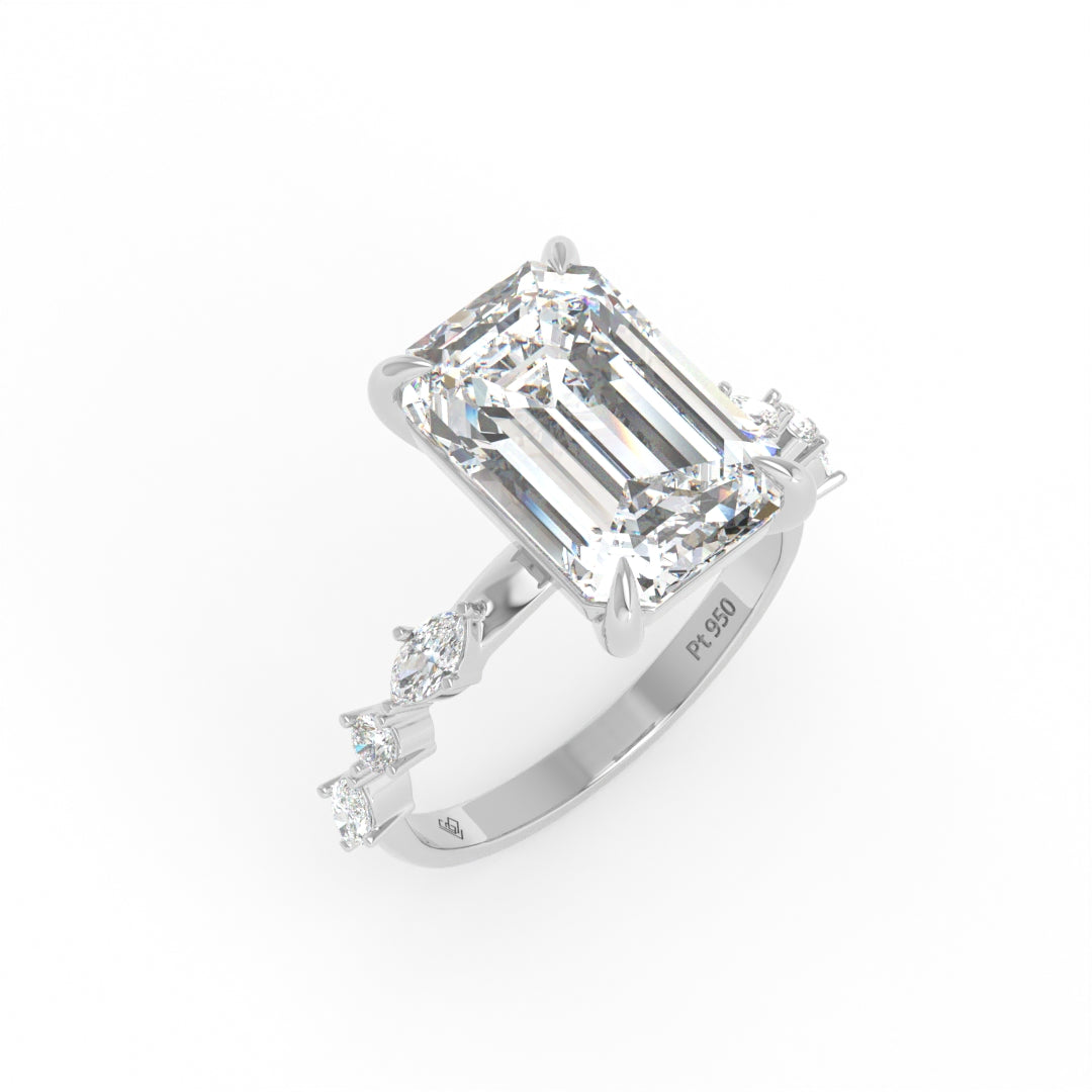 Elizabeth Emerald Cut Diamond Engagement Ring With A Marquise and Round Cut Diamond Band