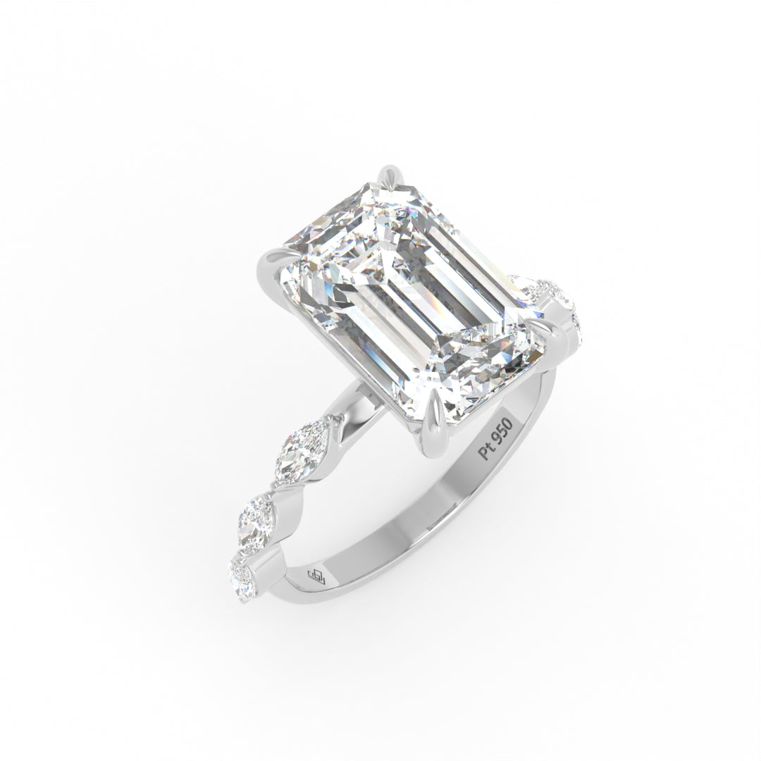 Kasandra Emerald Cut Diamond Engagement RIng With A Marquise Cut Diamonds Band