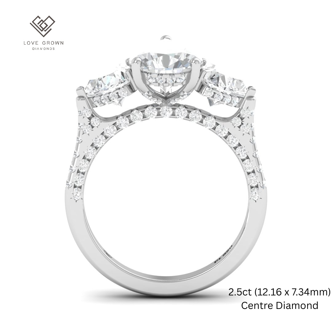 Victoria Pear Cut Diamond Engagement Ring with Heart Cut Side Diamonds and 3D Diamond Band