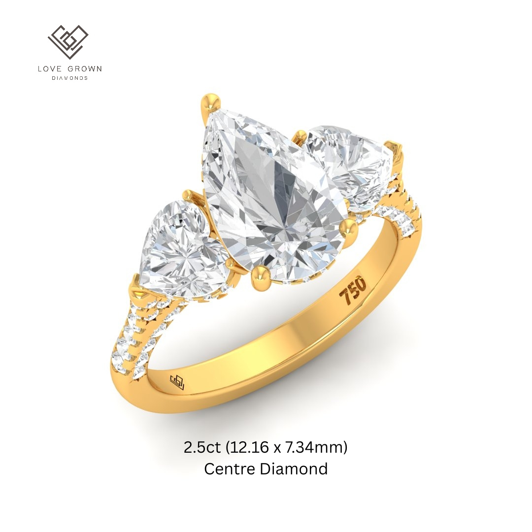 Victoria Pear Cut Diamond Engagement Ring with Heart Cut Side Diamonds and 3D Diamond Band