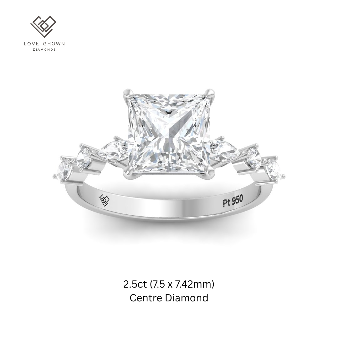 Elizabeth Princess Cut Diamond Engagement Ring With A Marquise and Round Cut Diamond Band