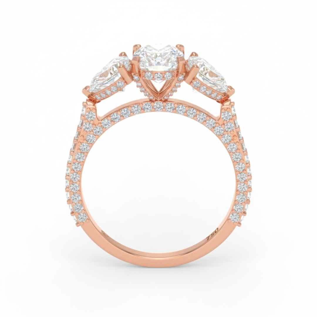 Victoria Cushion Cut Diamond Engagement Ring with Heart Cut Side Diamonds and 3D Diamond Band