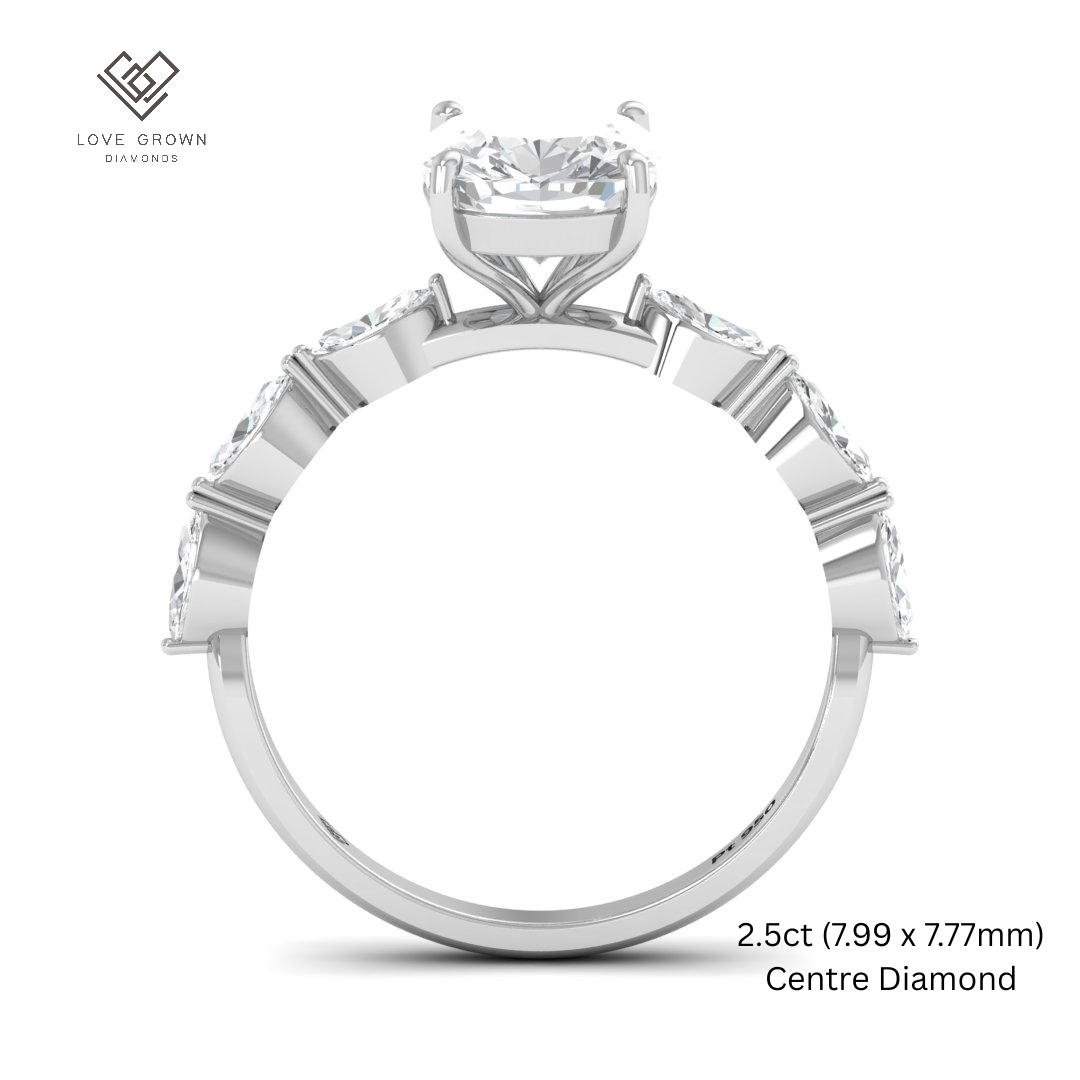Kasandra Cushion Cut Diamond Engagement Ring With A Marquise Cut Diamond Band